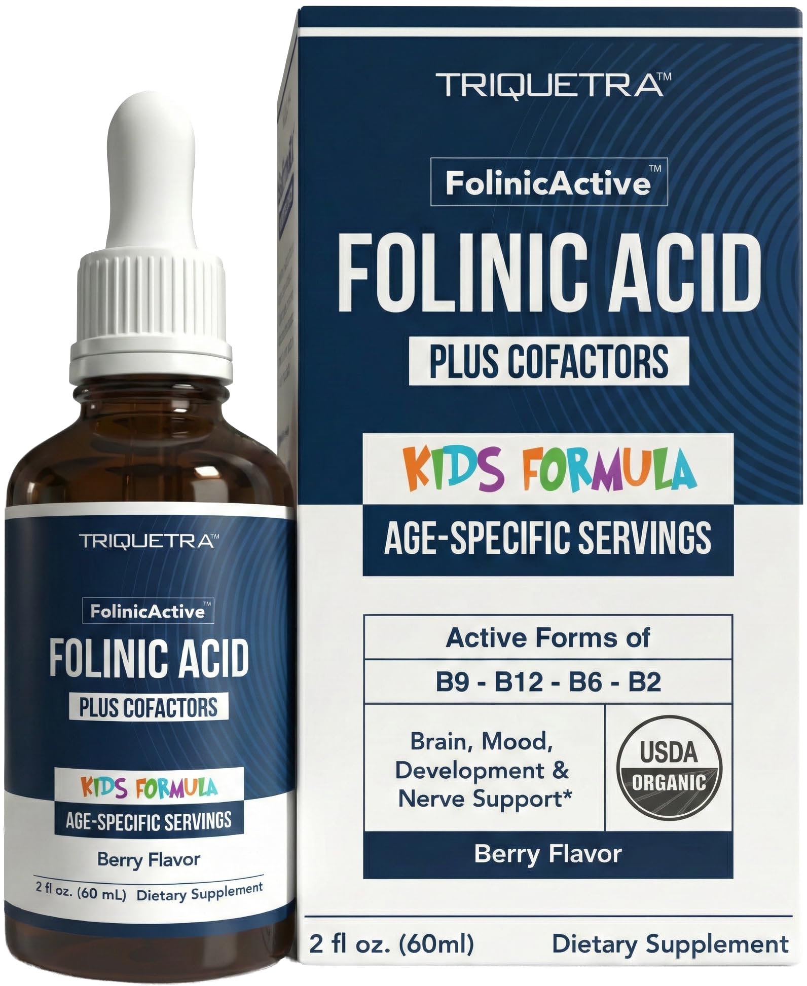 Organic FolinicActive Kids - Folinic Acid + B12, B6 & B2 Cofactors - Gentle Methylation Support for Mood, Energy & Cognition, Age Adjustable Dosing for Kids 1-18, Non GMO, Vegan, Berry Flavor (60mL)