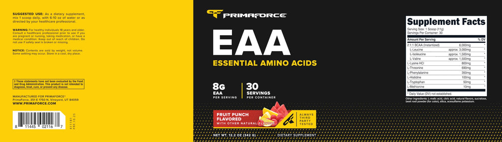 Primaforce EAA Powder (30 Servings, Fruit Punch Flavor) | Essential Amino Acids for Pre/Intra Workout and Recovery - Non-GMO and Gluten Free