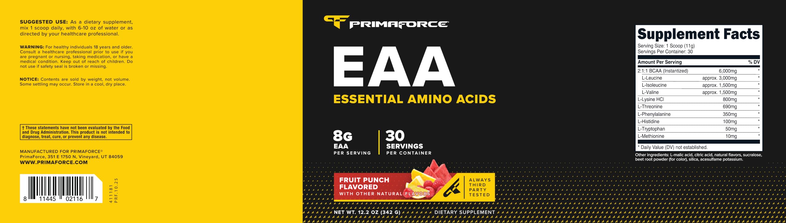 Primaforce EAA Powder (30 Servings, Fruit Punch Flavor) | Essential Amino Acids for Pre/Intra Workout and Recovery - Non-GMO and Gluten Free