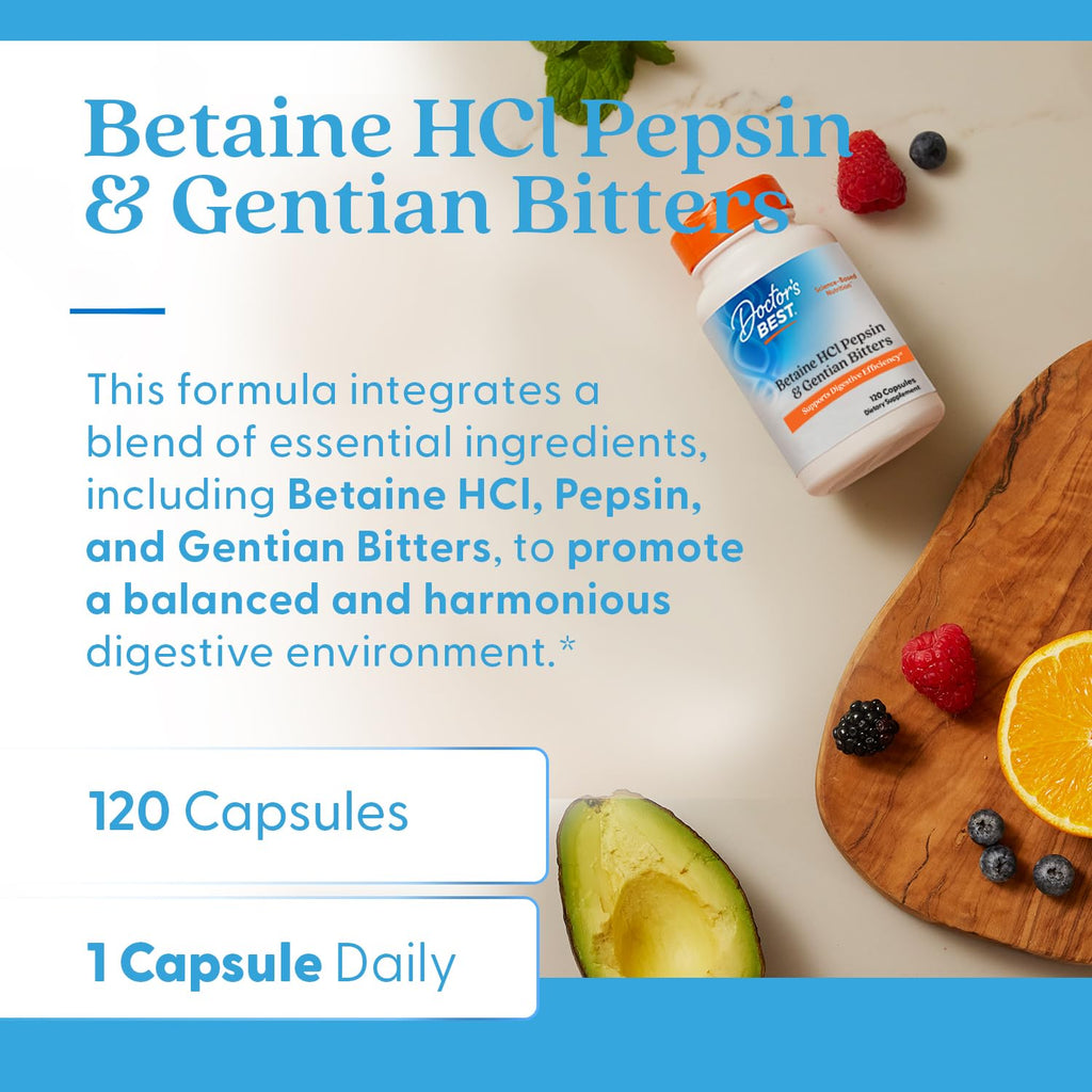 Doctor's Best Betaine HCI Pepsin & Gentian Bitters, Digestive Enzymes for Protein Breakdown & Absorption, Non-GMO, Gluten Free, 120 Caps, Original Version