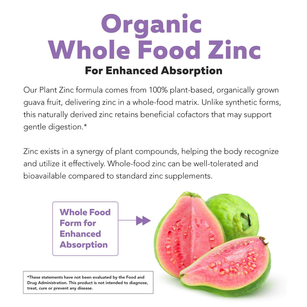 Organic Zinc 25 mg | Whole Food zinc Supplements | Derived from Organic Fruit, Elemental Zinc - Water Extracted, Vegan, GMO-Free - Essential Mineral, Antioxidant, Immune Support, Skin - 60 Servings