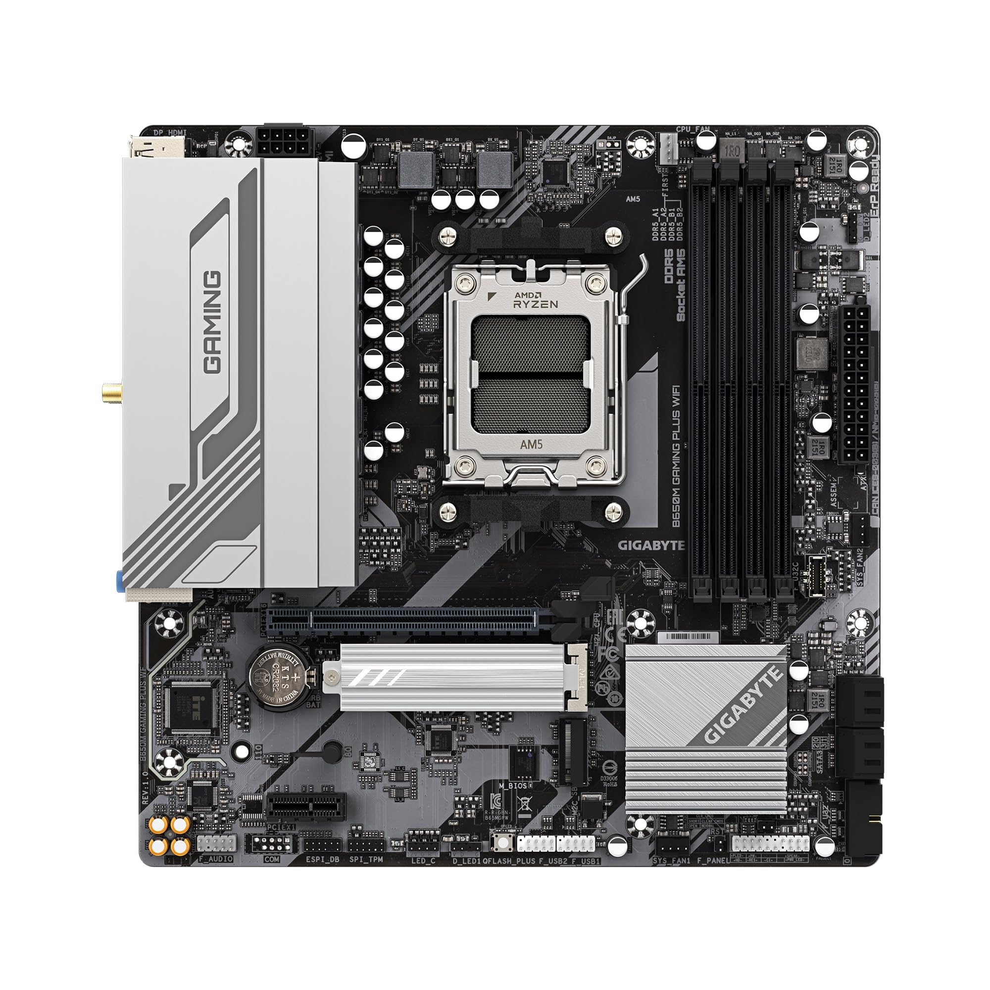 GIGABYTE B650M GAMING PLUS WIFI AMD AM5 mATX Motherboard, Support Ryzen 9000/8000/7000 Series, DDR5, 5+2+2 Power Phase, 2x M.2, PCIe 4.0, USB-C 3.2 Gen 1, WIFI6E, 2.5GbE, EZ-Latch, Q-Flash, RGB Fusion