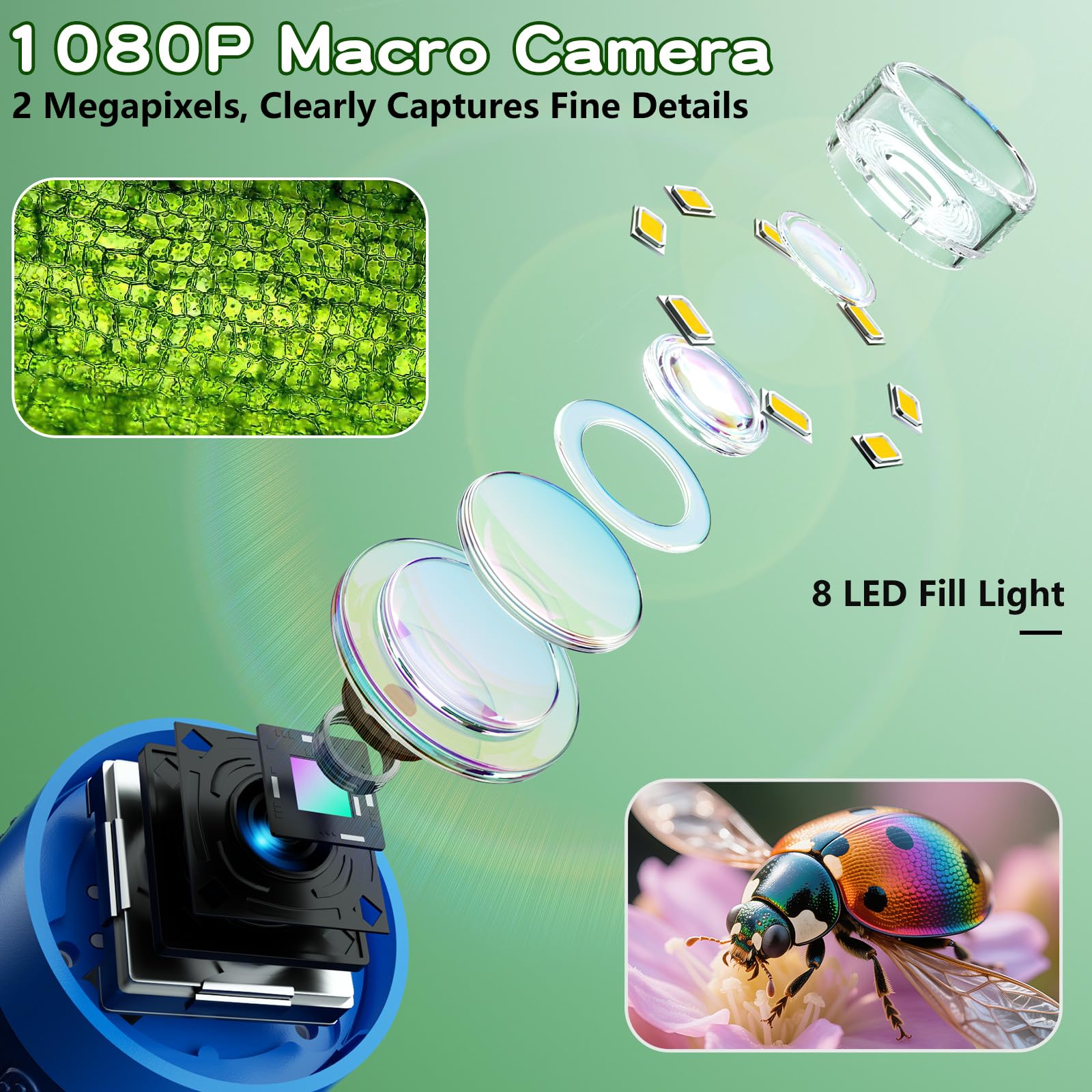Odatay 1000X Digital Kids Microscope Kit with 12 Slides & 2" Screen, Blue