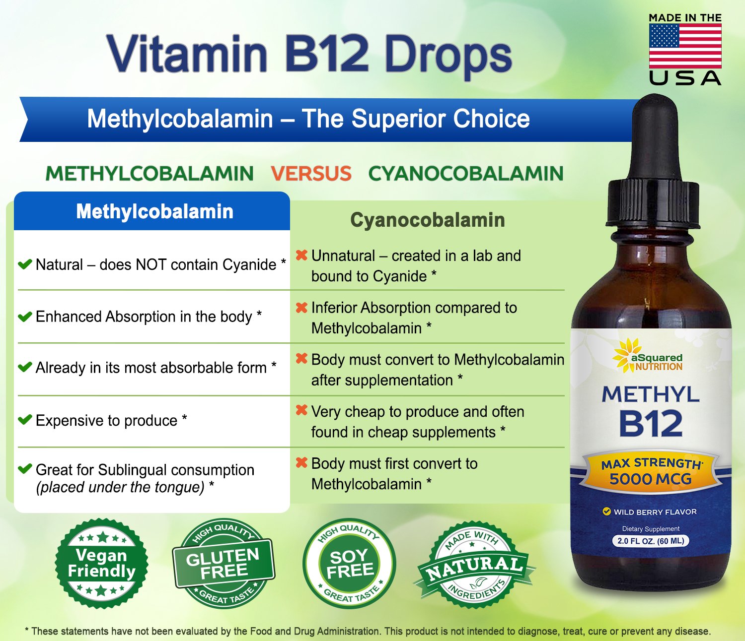 aSquared Nutrition Vitamin B12 Sublingual Liquid Drops - 5000 MCG Supplement with Methylcobalamin (Methyl B-12) - Max Absorption B 12 to Increase Energy - Vegan Friendly - 2 fl oz