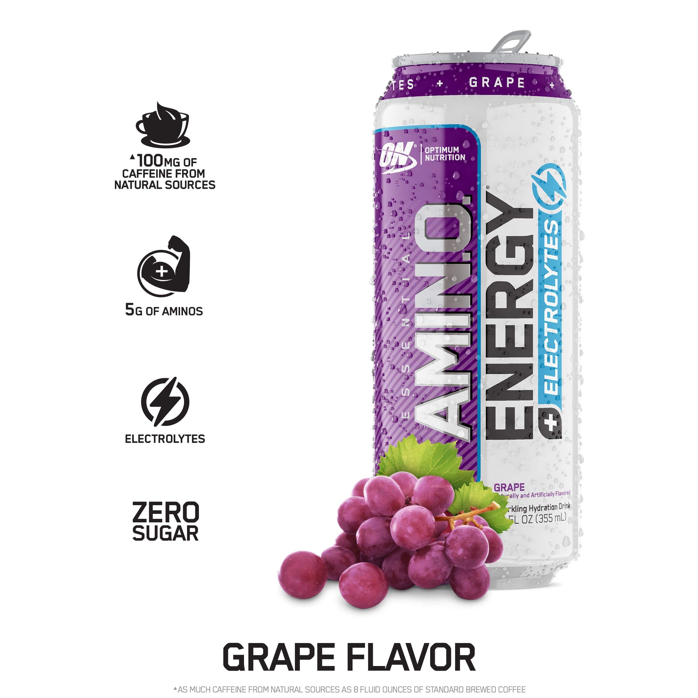 Optimum Nutrition Amino Energy Powder, Concord Grape, 20.6 Ounce, 65 Servings with Essential Amino Energy Plus Electrolyes Sparkling Drink, Grape, 12 Count - Bundle Pack