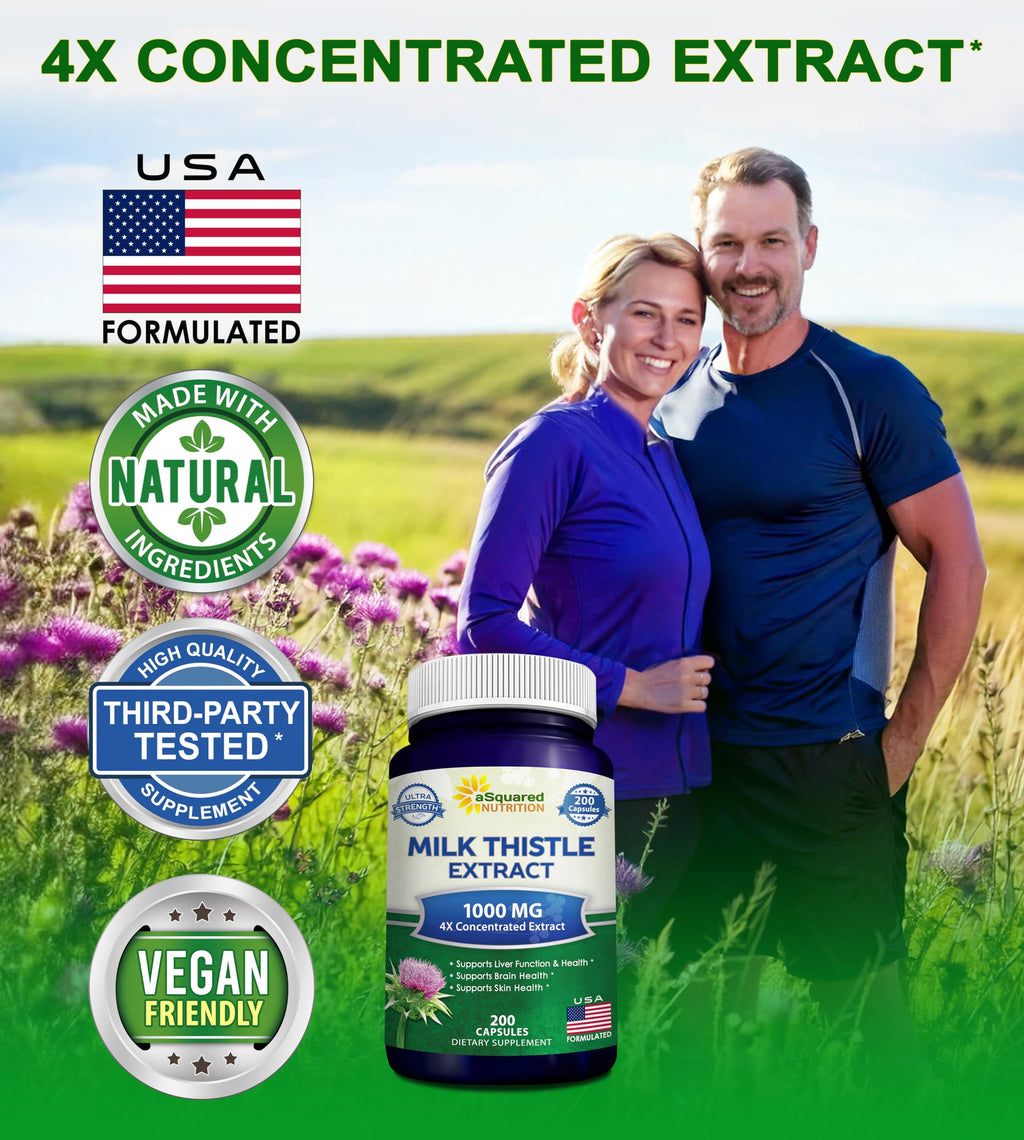 aSquared Nutrition Milk Thistle Supplement - 200 Capsules, 4X Concentrated Extract 4:1 Milk Thistle Seed Powder Herb Pills, Silymarin Extract for Liver Support, Cleanse, Detox - 250mg Per Capsule