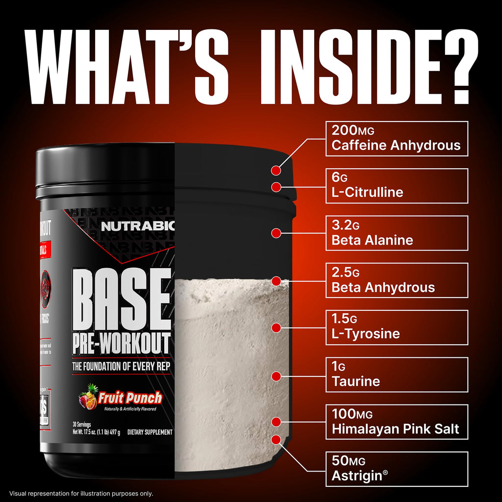 NutraBio Base Pre-Workout Powder 200mg Caffiene, Sustained Energy, Focus, Endurance, Pump, Sugar Free, Clean Preworkout for Men and Women - Beta Alanine, L-Tyrosine, 30 Servings - Fruit Punch