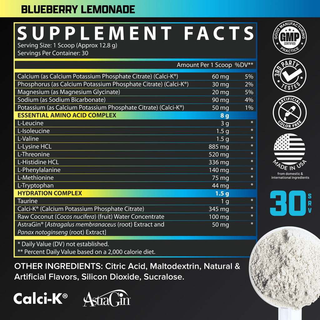 Nutrex Research EAA Hydration | EAAs + BCAA Powder | Muscle Recovery, Strength, Muscle Building, Endurance | 8G Essential Amino Acids + Electrolytes | Blueberry Lemonade 30 Servings