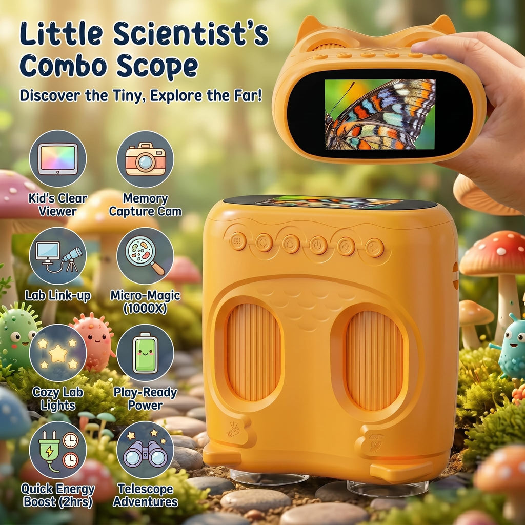 OAEBLLE 2-in-1 Kids Microscope and Telescope, 1000X Handheld Digital Microscope for Kids, 2.0" Screen, 8 LEDs, 10X Pocket Telescope for Outdoor, 1080P Camera STEM Toys Gift for Boys Girls 4-12, Yellow