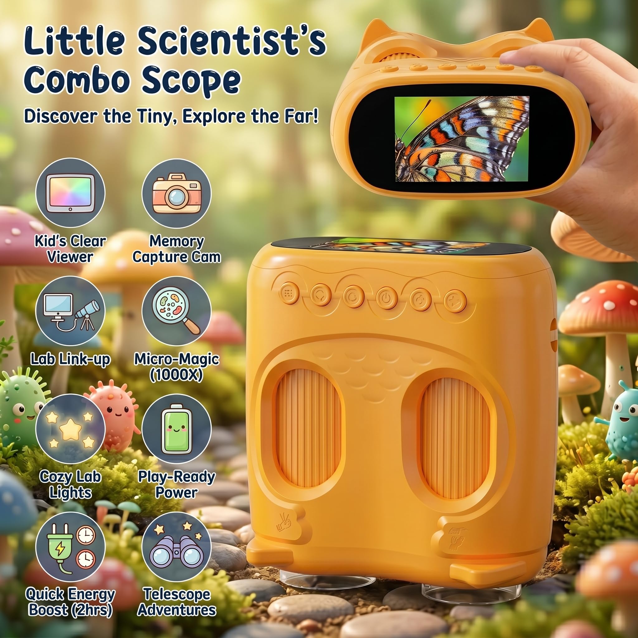 OAEBLLE 2-in-1 Kids Microscope and Telescope, 1000X Handheld Digital Microscope for Kids, 2.0" Screen, 8 LEDs, 10X Pocket Telescope for Outdoor, 1080P Camera STEM Toys Gift for Boys Girls 4-12, Yellow