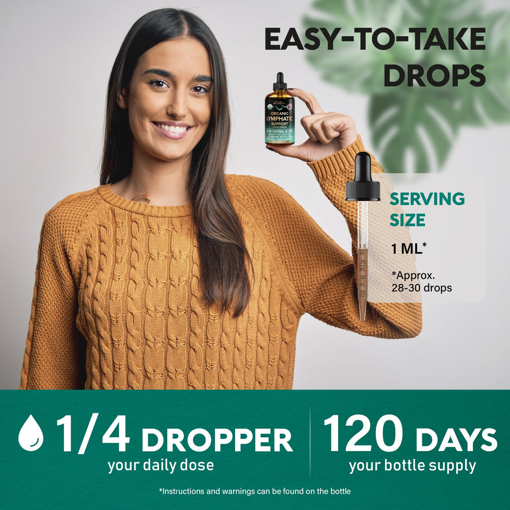 USDA Organic Lymphatic Drainage Supplement - Echinacea | Elderberry | Dandelion | Rosehip | Cleavers | Calendula | Burdock - Lab Tested - Lymph System Drops - Immune Support, Cleanse & Detox, 4 fl oz