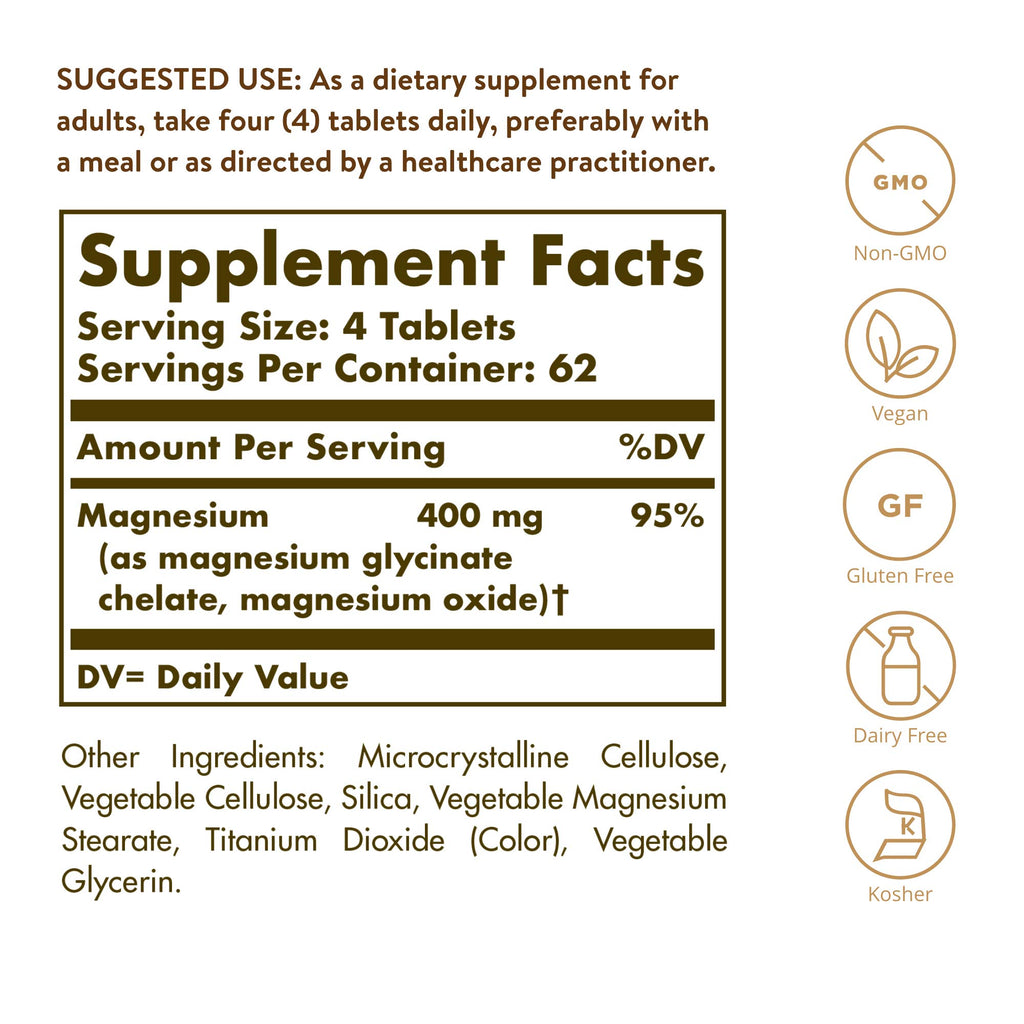 Solgar Chelated Magnesium, 250 Tablets - Supports Nerve & Muscle Function - Promotes Healthy Bones - Vital for Cellular Energy Release - Non-GMO, Vegan, Gluten Free, Dairy Free - 62 Servings
