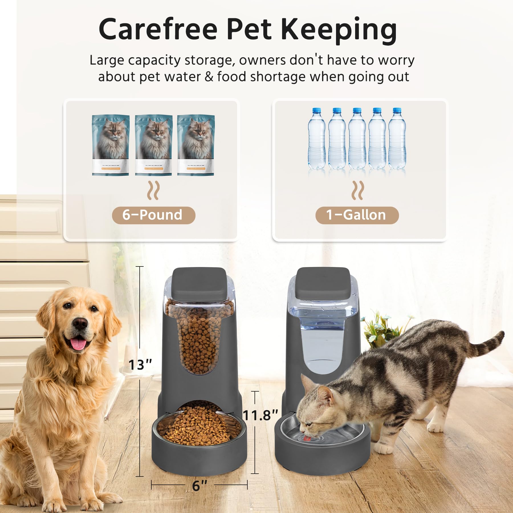 2 Pack Automatic Cat Feeder and Gravity Stainless Steel Water Dispenser, Dog Food Feeder and Waterer Set for Small Medium Puppy Kitten Pets (1 Gallon x 2, Gray)