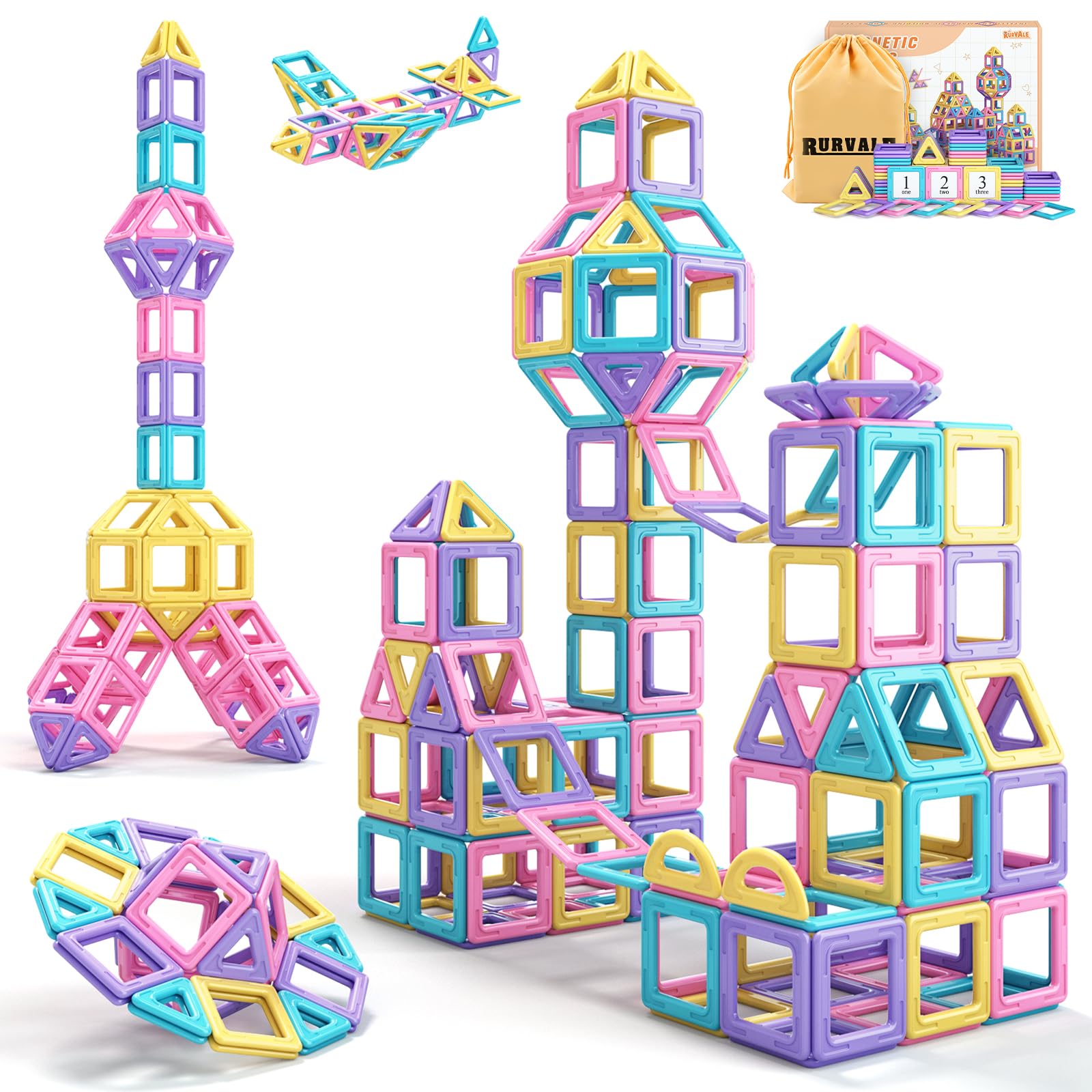 Rurvale Toddler Girl Toys, Magnetic Tiles 44pcs, Birthday Gifts Ideas for Girls Toys Age 3 4 5, Magnetic Blocks, Magnet STEM Montessori Toddler Kids Christmas Toy Gifts for 3 4 5 6 7 Year Old Girls