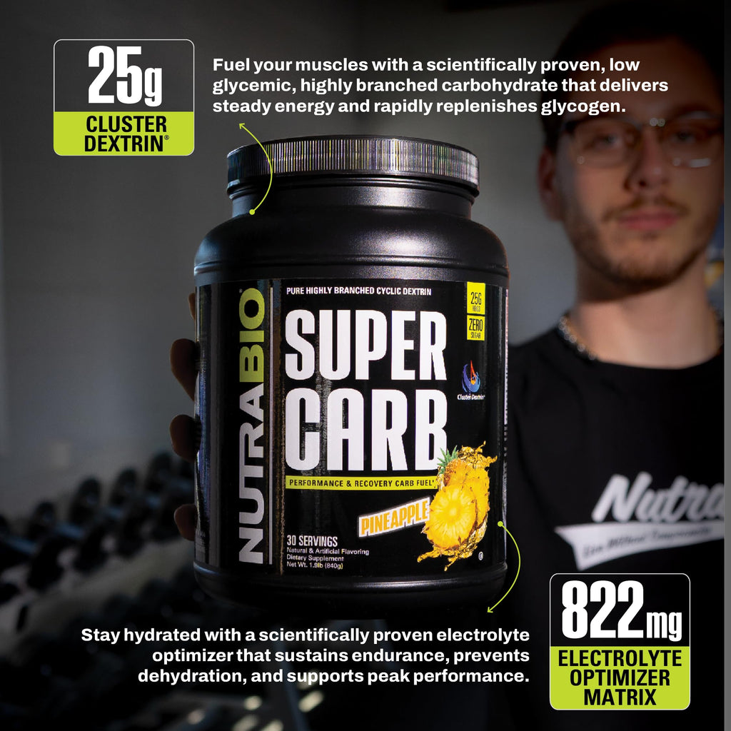 NutraBio Super Carb, Carbohydrate Powder with Cluster Dextrin & Electrolytes, Advanced Carb Supplement Powder for Workout Fuel, Performance, and Muscle Recovery, Cyclic Dextrin, Pineapple, 30 Sv