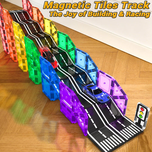 104 PCS Magnetic Tiles Road Set, STEM Magnet Toys Gift for 3+ Year Old Boys