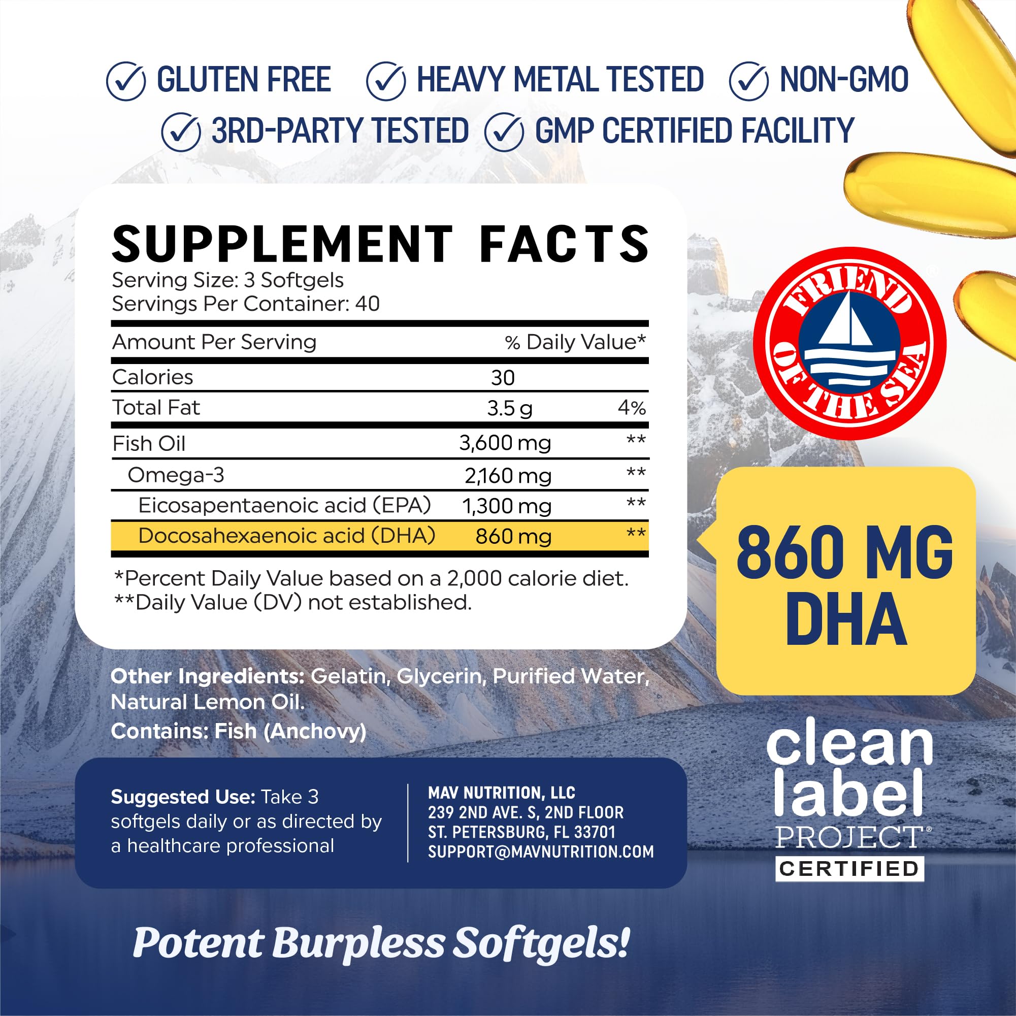 Triple Strength DHA Omega-3 Fish Oil 3600 mg | Over 2100mg Omega-3 Fatty Acids with 860 mg of DHA | 1300mg EPA | Best Essential Fatty Acids | Premium Wild Caught & Burpless Fish Oil | 120 Softgels