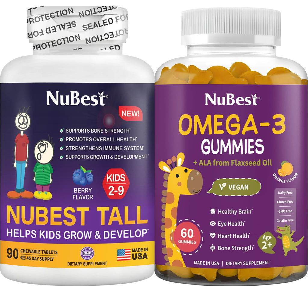 NuBest Bundle Daily Nutrition for Kids & Teens Tall Kids 90 Chewable Tablets and Omega 3 Gummies Flaxseed Old - Support Bone Growth, Brain Health, and Immune
