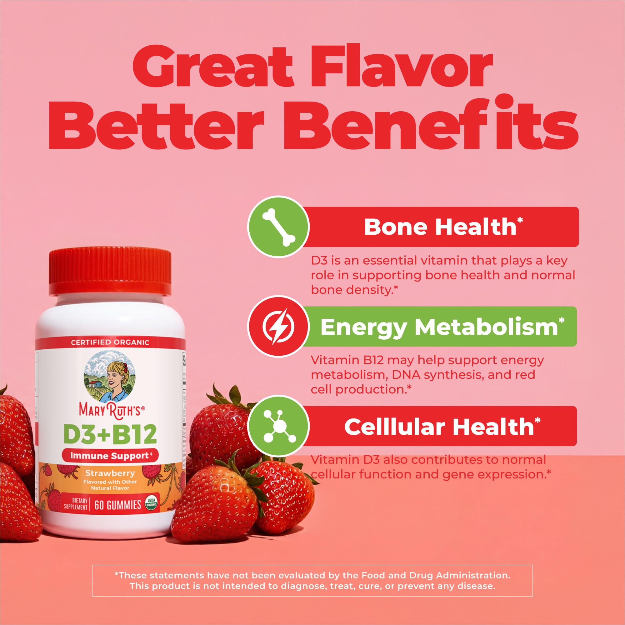 MARYRUTH'S Organic Vitamin D3 + B12 Gummies for Ages 4+, 60 Servings, Vegan