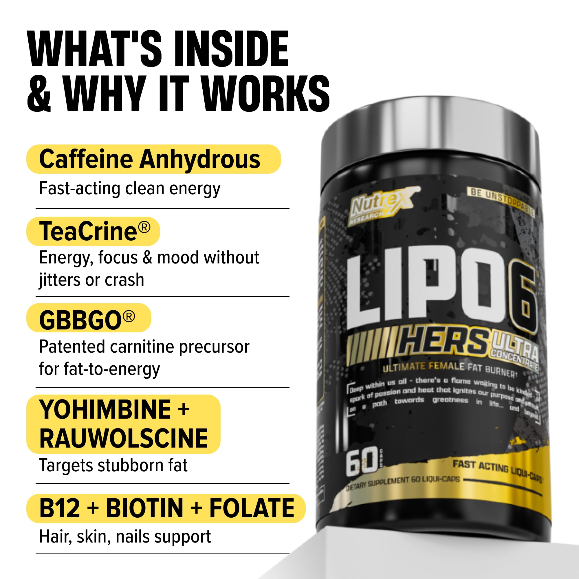Lipo-6 Black Hers Ultra Concentrate | Weight Loss Pills for Women | Fat Burner, Appetite Suppressant, Metabolism Booster for Weight Loss + Hair, Skin, & Nails Support | 60 Diet Pills