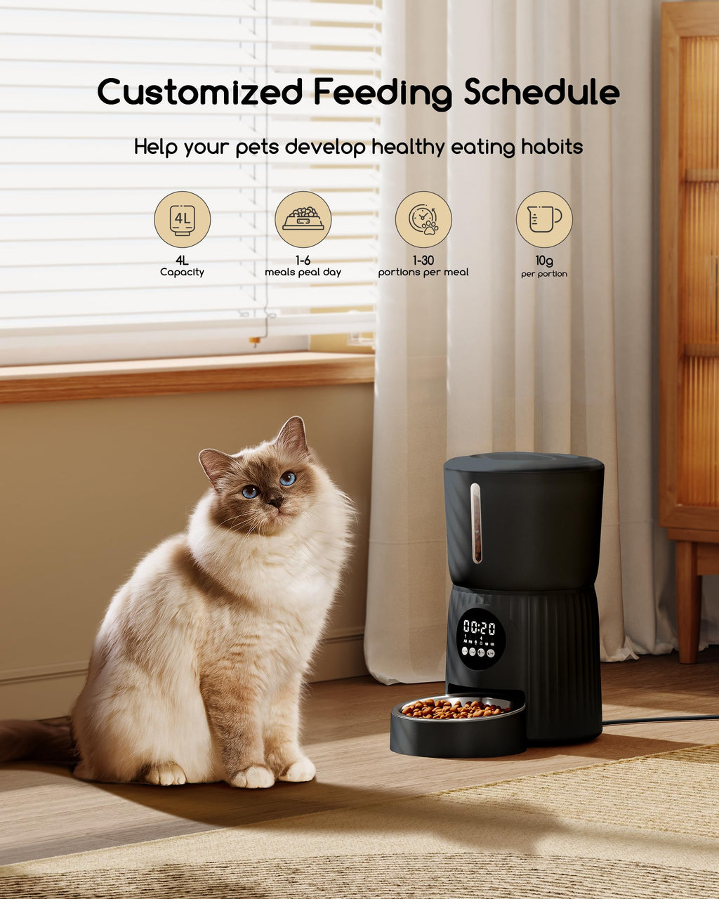 Faroro Automatic Cat Feeder, 4L Cat Food Dispenser with Portion Control, 1-6 Meals Per Day, 10s Voice Recording, Slow Feed, Dual Power Supply for Cats and Small Dogs (Black)