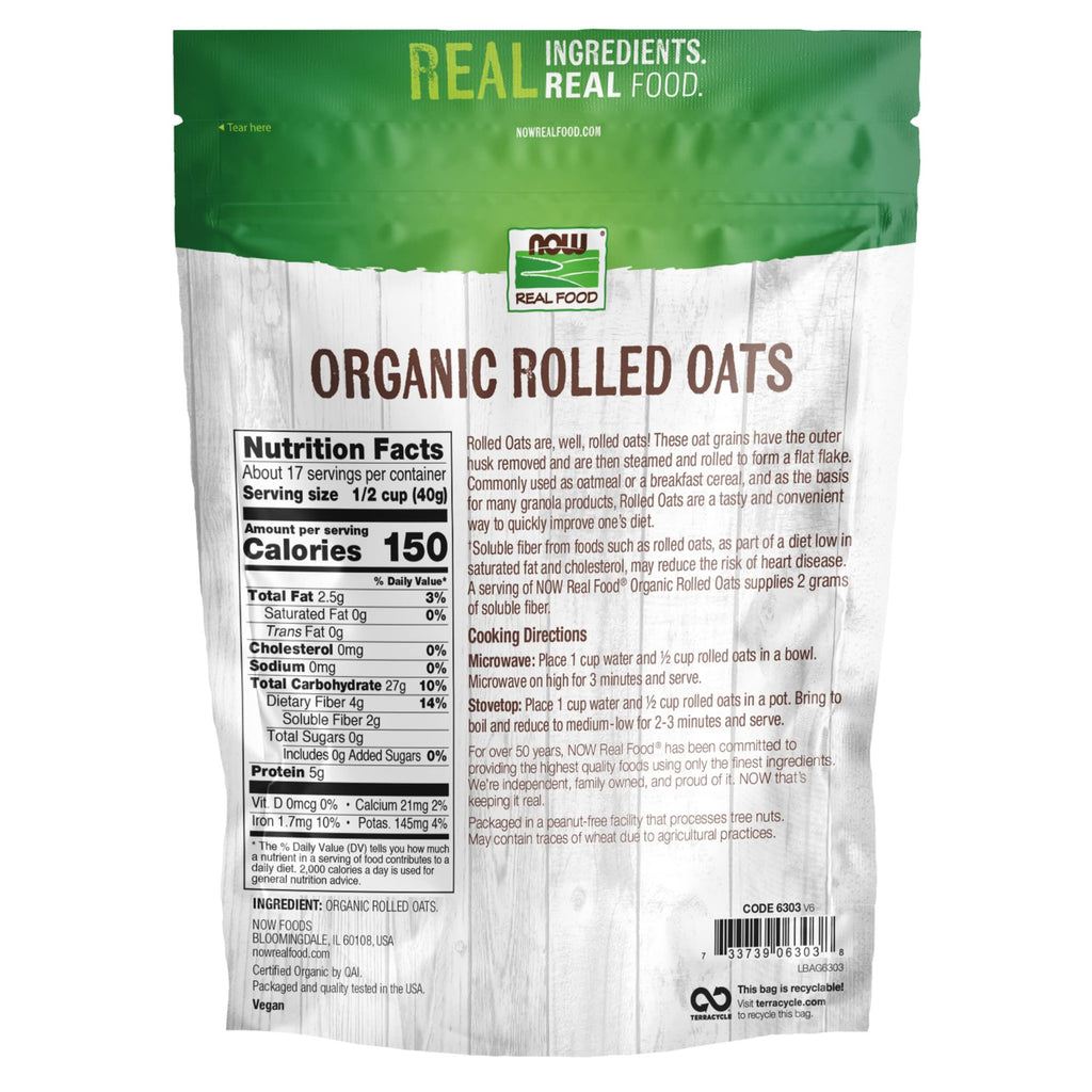 NOW Foods, Organic Rolled Oats, Source of Fiber, Protein and Iron, 100% Whole Grain, Product of the USA, 24-Ounce (Packaging May Vary)