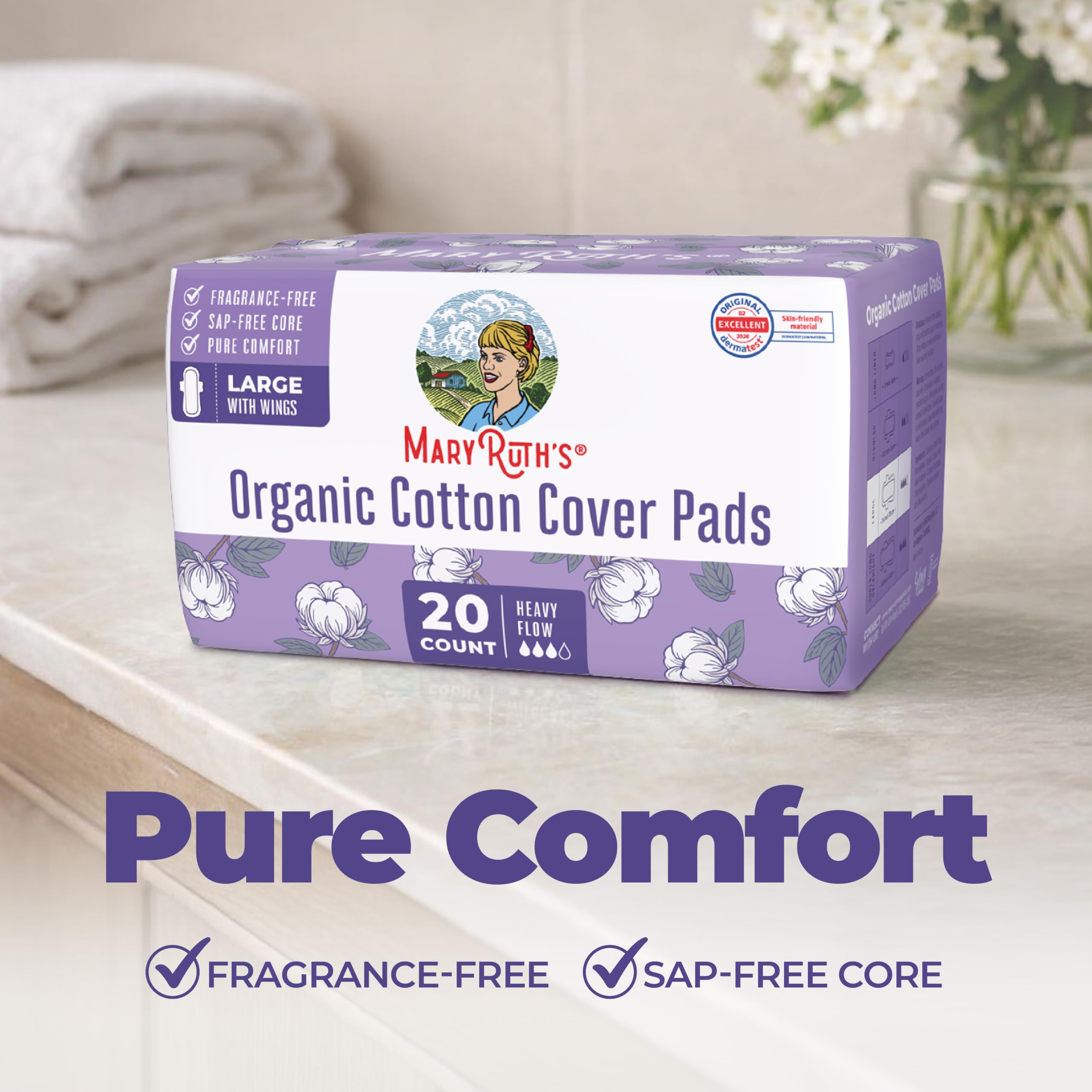 MaryRuth's Organic Cotton Cover Pads with Wings - Large - Unscented - Elemental Chlorine Free - OCS Certified Cotton - SAP-Free Core - Rated Excellent for Skin Comfort by Dermatest - 20 Count