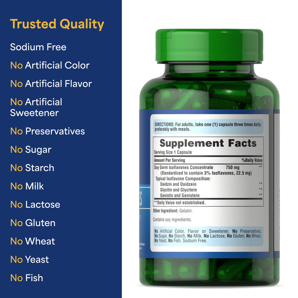 Puritan's Pride Non-GMO Soy Isoflavones 750mg, Dietary Supplement with Active Daidzein, Genistein, and Glycitein Supports Menopause and Hot Flashes, 120 Rapid Release Capsules