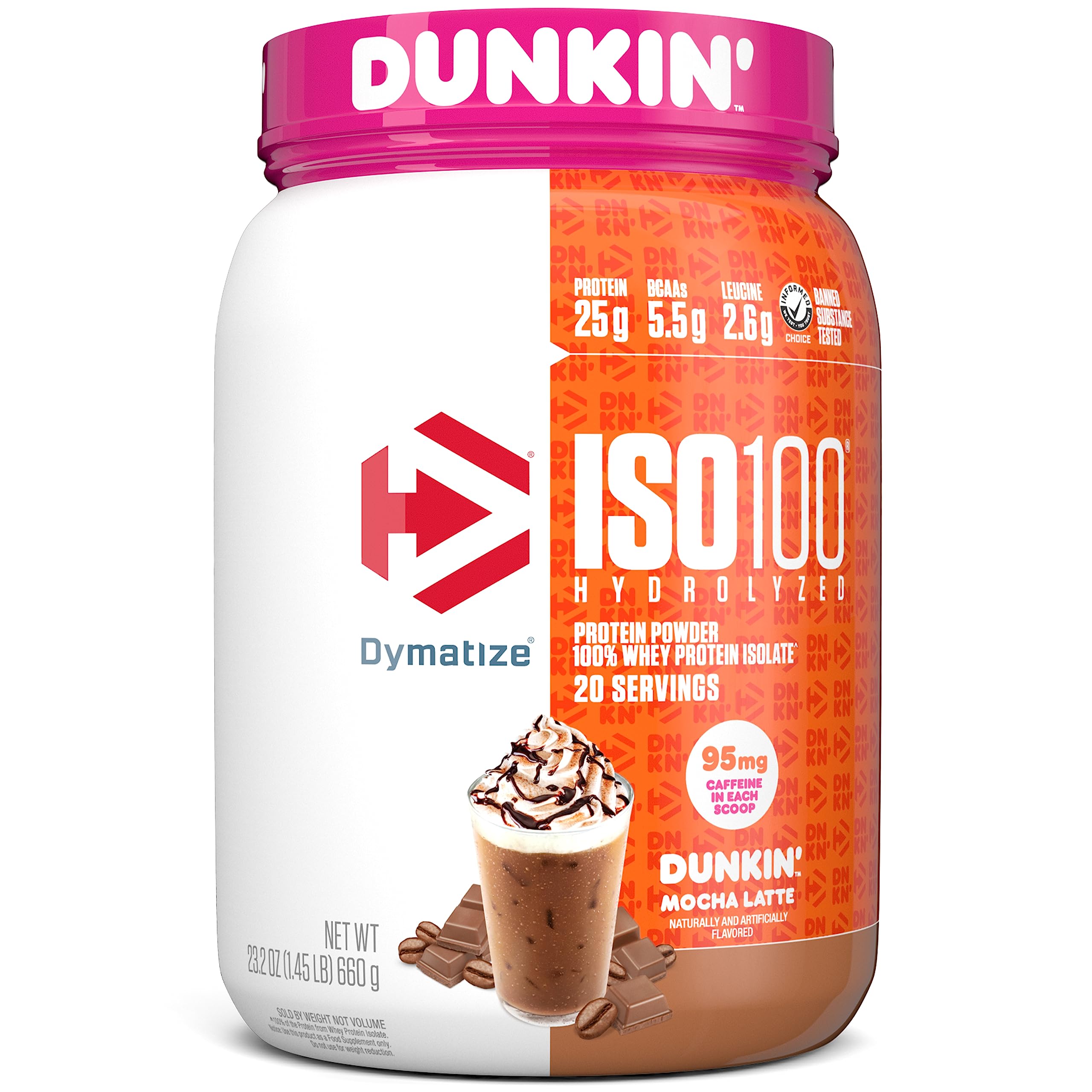 Dymatize ISO100 Hydrolyzed Protein Powder, 100% Whey Isolate, Dunkin' Glazed Donut Flavor, 20 Servings & ISO100 Hydrolyzed Protein Powder in Dunkin' Mocha Latte Flavor, 100% Whey Isolate Protein