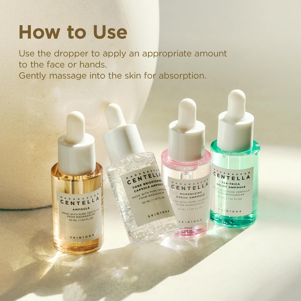 SKIN1004 Madagascar Centella Ampoule Kit, 4ea x 1.10 fl.oz, 30ml, Travel Size Face Serum Collection, Korean Skincare Set with Centella Ampoule and Hydrating Serum for Soothing Care, Korean Skin Care