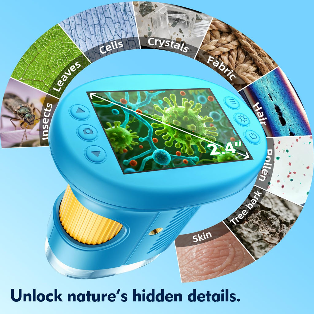Odatay 4K 1000X Digital Microscope for Kids with 32G Card, Long Distance Viewing & 2.4" Screen Portable Handheld Edu Toys for Age 3-12 Exploring Bugs Plants at Home Classroom & Outdoor Travel, Blue