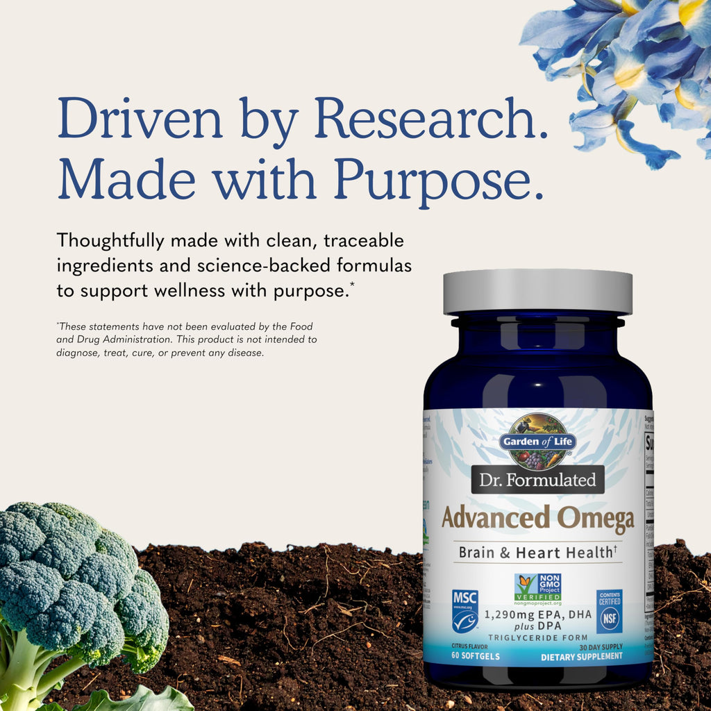 Garden of Life Dr. Formulated Advanced Omega Fish Oil, 1,290mg EPA, DHA & DPA in Triglyceride Form - Omega 3 Fish Oil Supplement for Heart Health & Brain Support, Non-GMO, Citrus Flavored, 60 Softgels