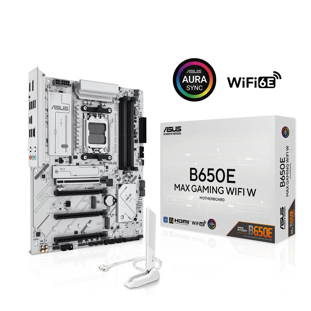 ASUS B650E MAX Gaming WiFi W – AMD B650 AM5 ATX Motherboard, White PCB, DDR5, PCIe 5.0, 3X M.2, Wi-Fi 6E, 2.5Gb LAN, USB 10Gbps Type-C, DisplayPort, HDMI™, BIOS Flashback™, Aura Sync, Advanced AI PC
