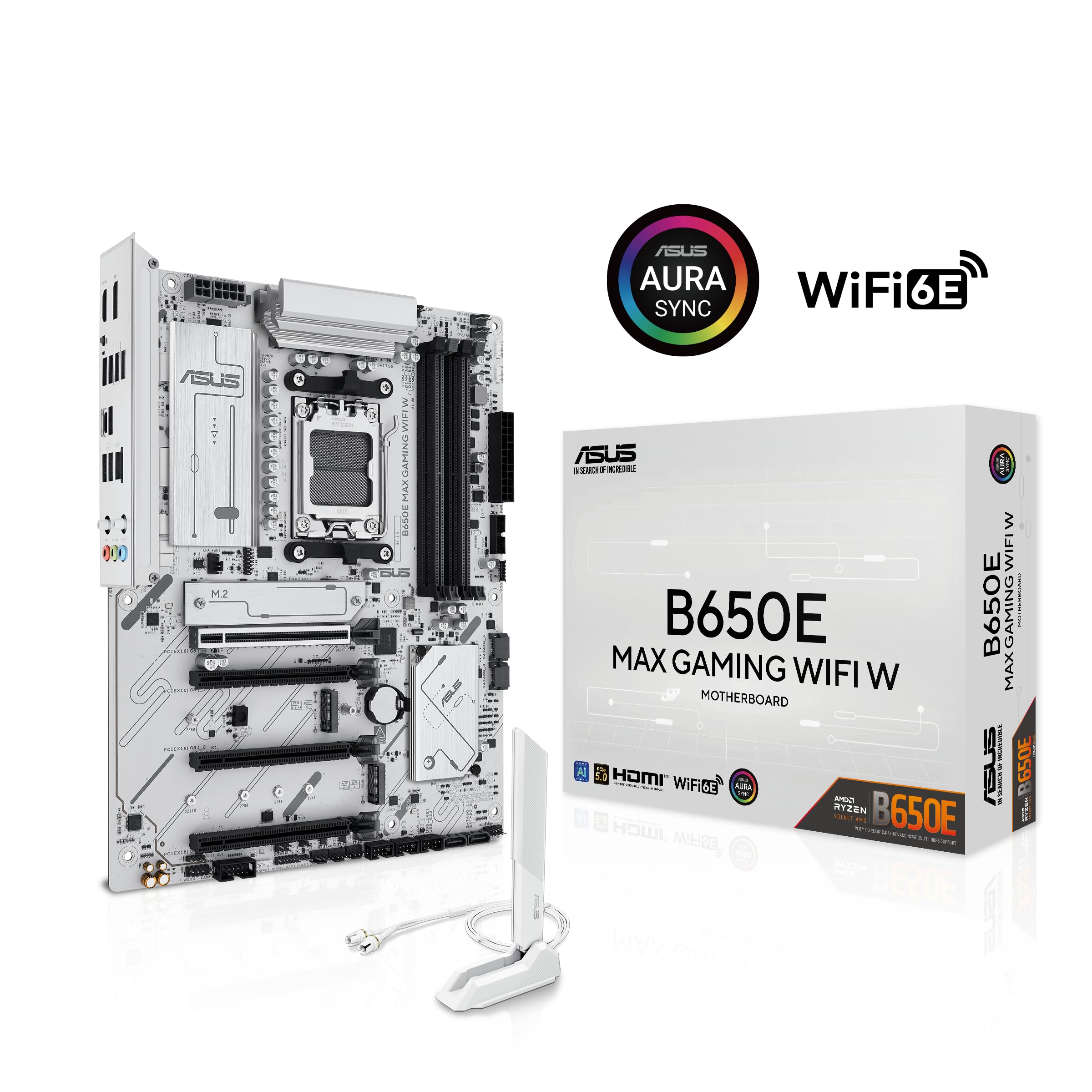 ASUS B650E MAX Gaming WiFi W – AMD B650 AM5 ATX Motherboard, White PCB, DDR5, PCIe 5.0, 3X M.2, Wi-Fi 6E, 2.5Gb LAN, USB 10Gbps Type-C, DisplayPort, HDMI™, BIOS Flashback™, Aura Sync, Advanced AI PC