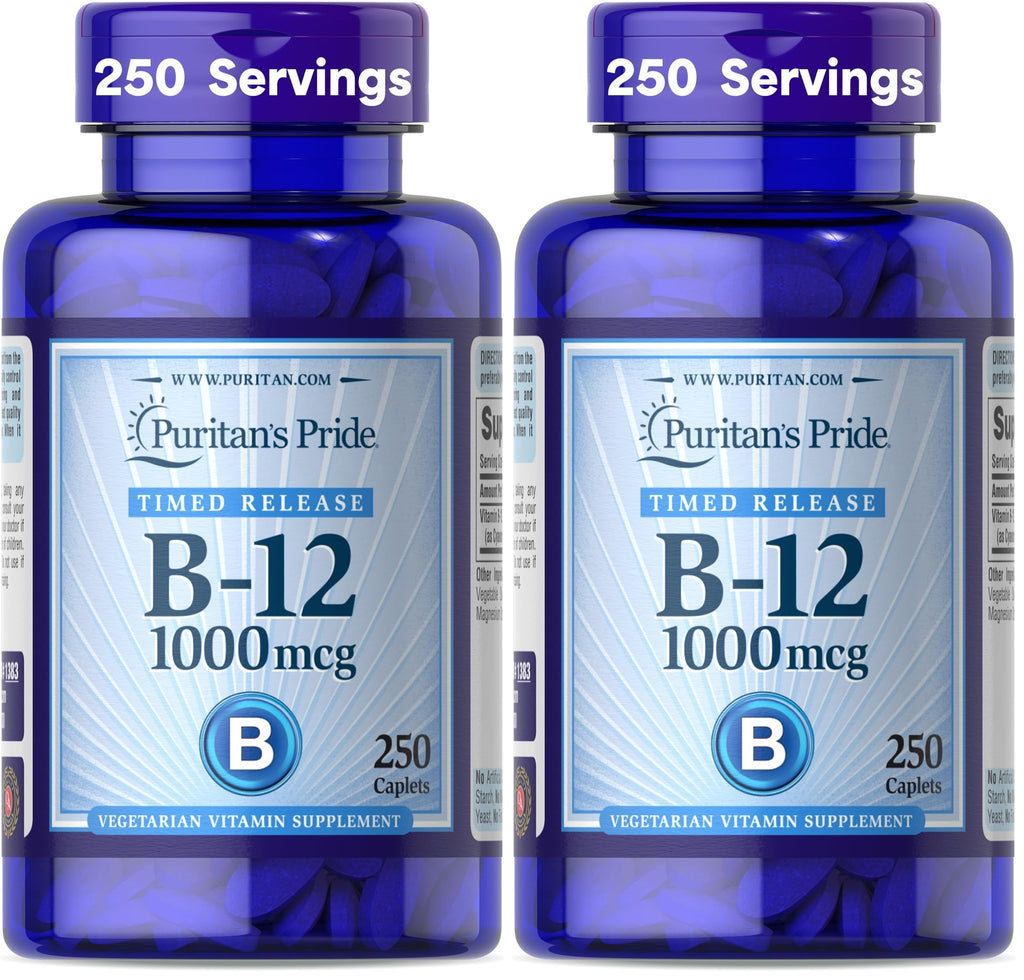 Puritan's Pride Timed Release Vitamin B-12 1000mcg,Vegetarian Dietary Supplement for Energy Metabolism,Heart,Circulatory,and Nervous System Health Support,8 Month Supply,250 Caplets,(Pack of 2)