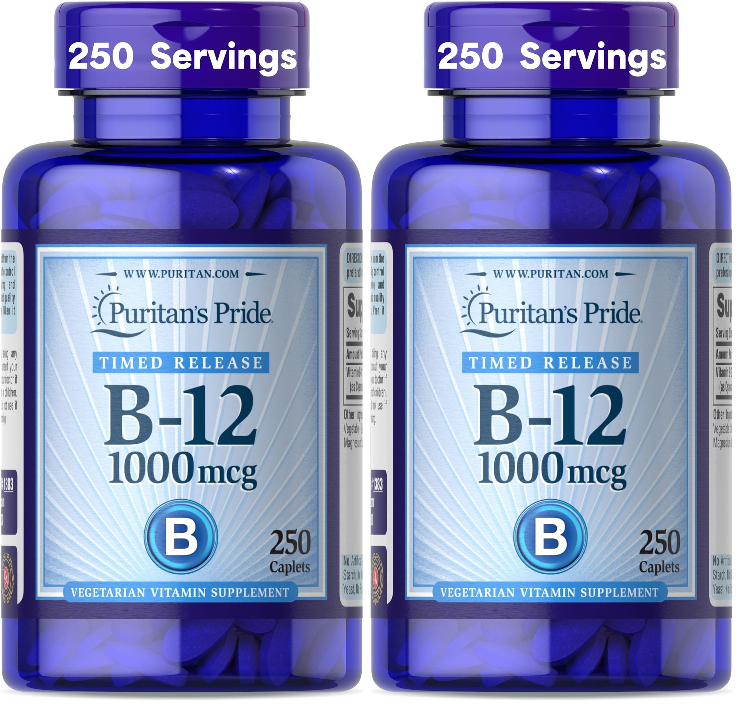 Puritan's Pride Timed Release Vitamin B-12 1000mcg,Vegetarian Dietary Supplement for Energy Metabolism,Heart,Circulatory,and Nervous System Health Support,8 Month Supply,250 Caplets,(Pack of 2)