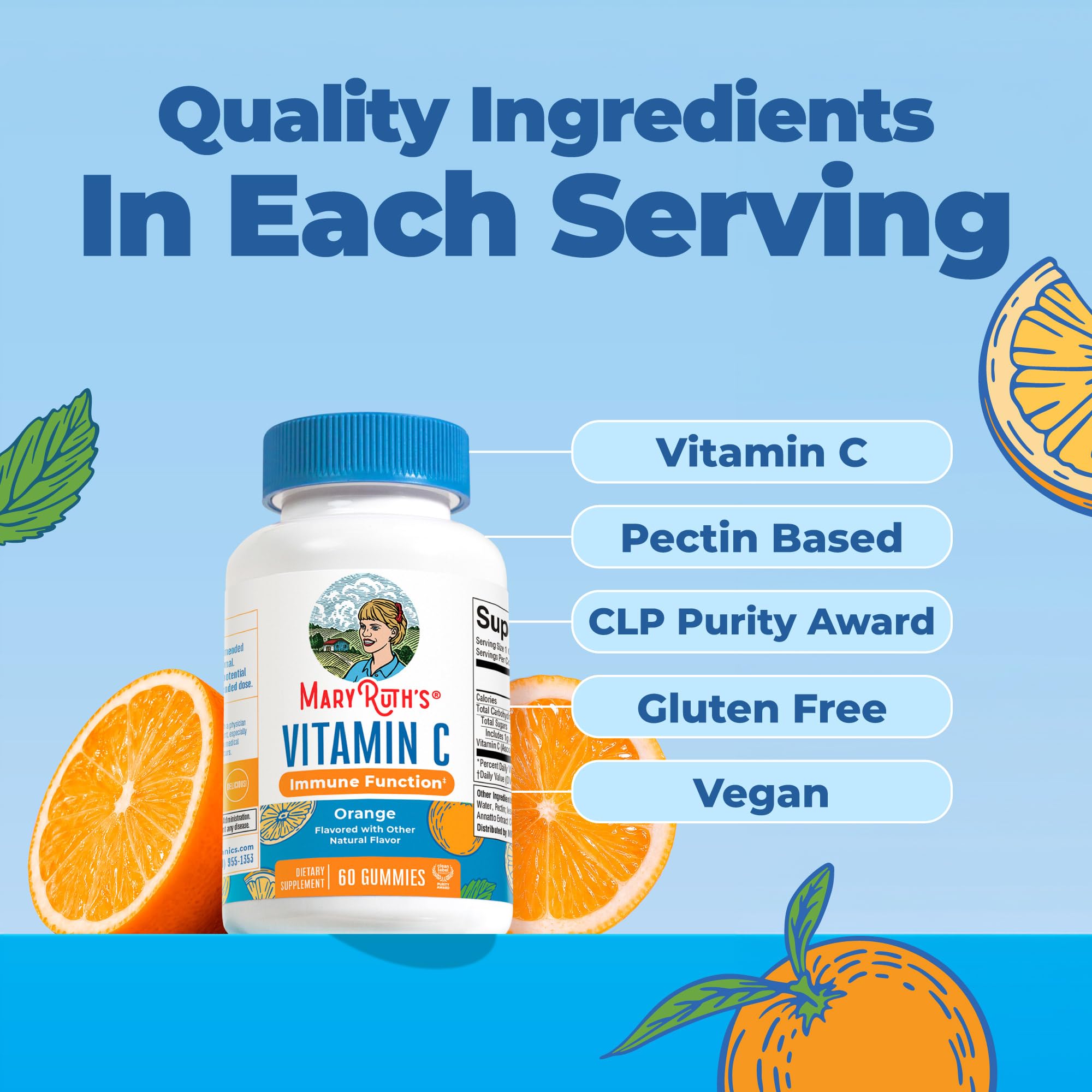 MARYRUTH'S Vitamin C Gummies for Adults&Kids, Orange, 60 ct, 2-Month Supply