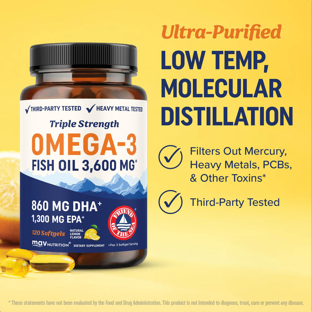 Triple Strength DHA Omega-3 Fish Oil 3600 mg | Over 2100mg Omega-3 Fatty Acids with 860 mg of DHA | 1300mg EPA | Best Essential Fatty Acids | Premium Wild Caught & Burpless Fish Oil | 120 Softgels