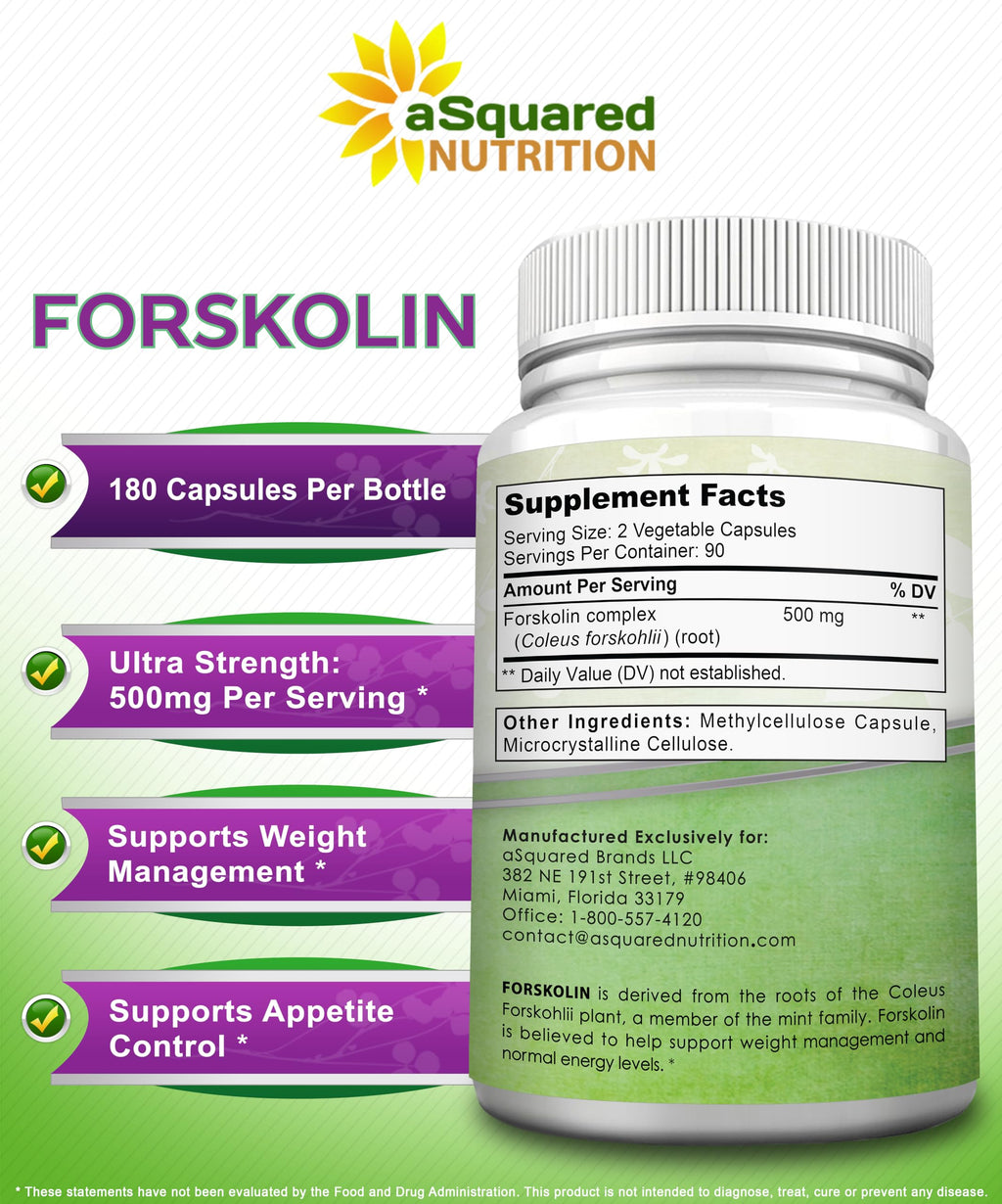 aSquared Nutrition Forskolin 500mg Per Serving Max Strength-180 Capsules, Supplement for Pure Weight Loss Fuel, Coleus Forskohlii Root - Forskolin Diet Pills, Belly Buster Fat Burner 2X Slim Trim Lose