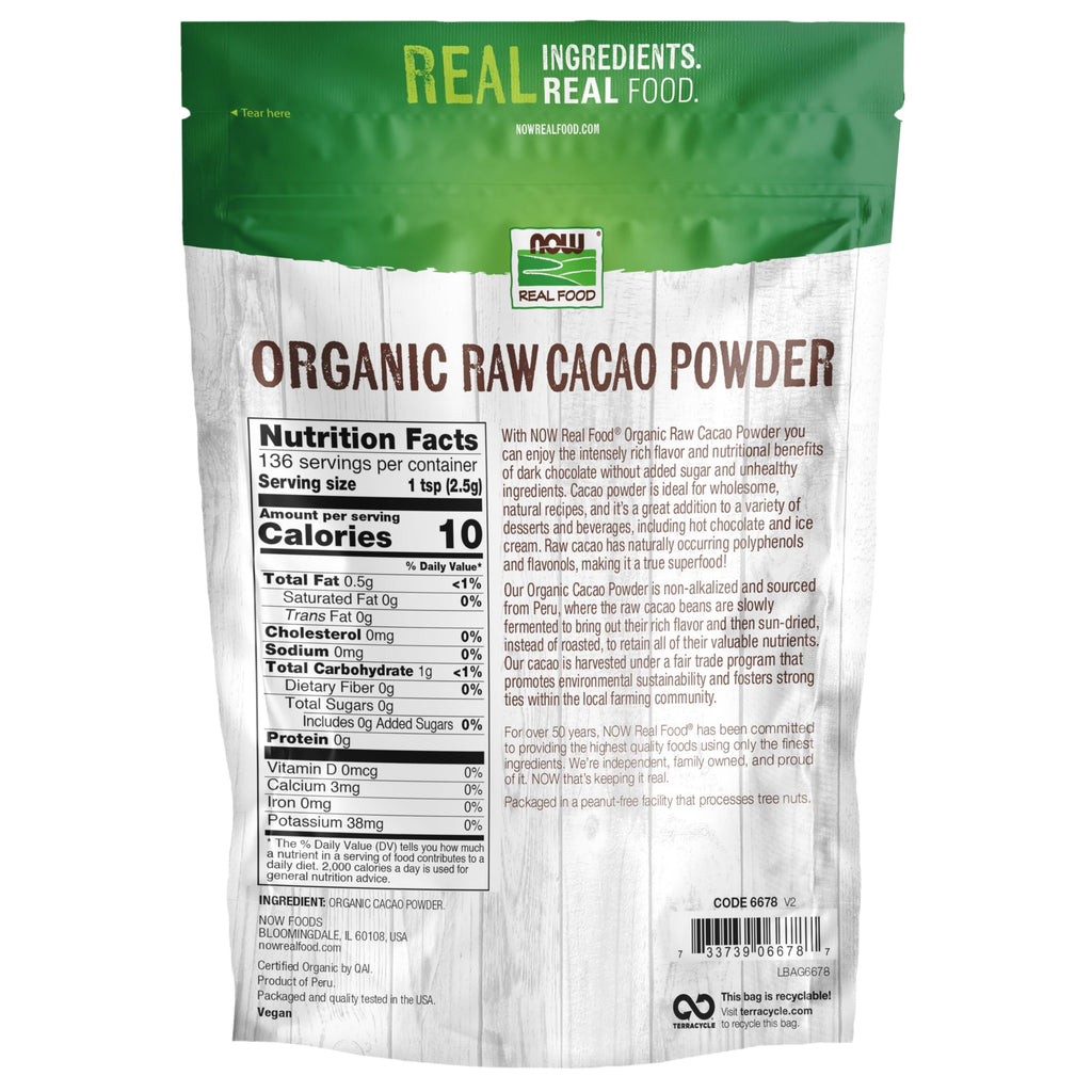 NOW Foods, Organic Raw Cacao Powder, with Polyphenols and Flavonols, Sun-Dried, Intensely Rich Flavor, 12-Ounce (Packaging May Vary)