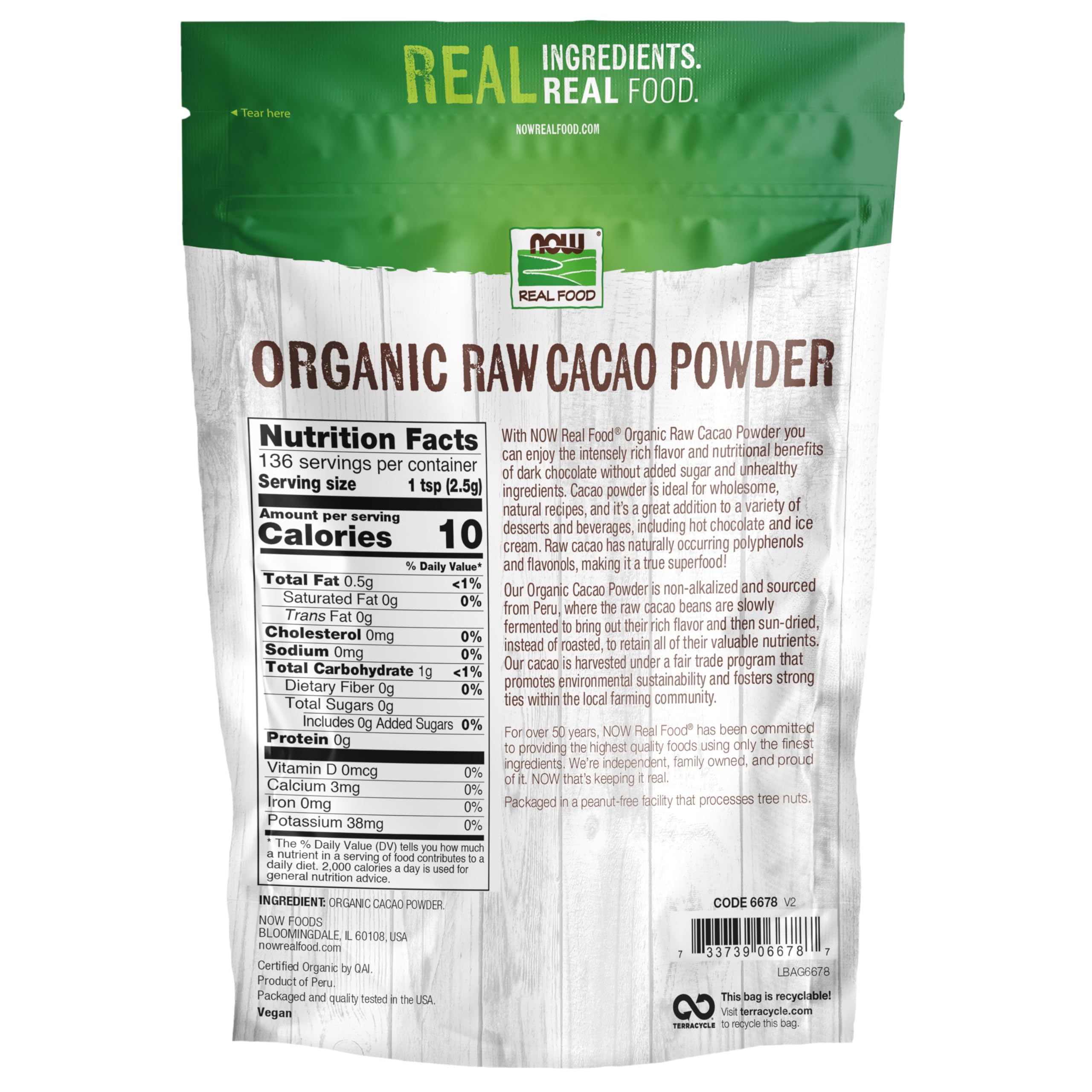 NOW Foods, Organic Raw Cacao Powder, with Polyphenols and Flavonols, Sun-Dried, Intensely Rich Flavor, 12-Ounce (Packaging May Vary)
