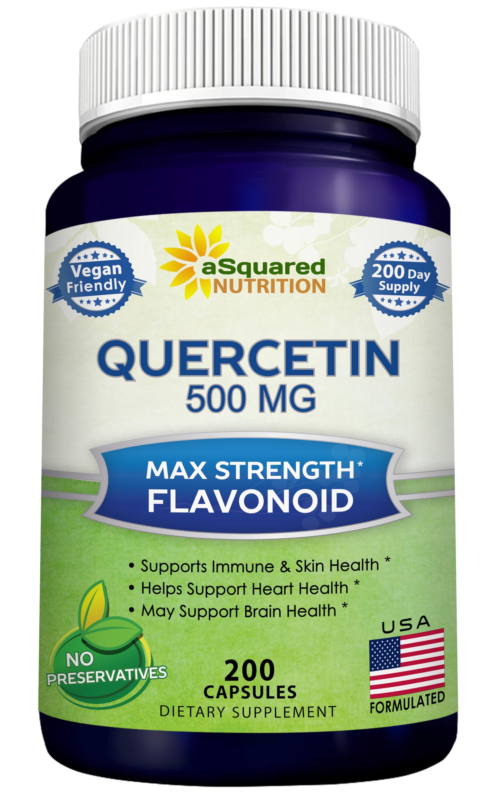 aSquared Nutrition Quercetin 500mg Supplement - 200 Capsules - Quercetin Dihydrate to Support Cardiovascular Health - Max Strength Powder Complex Pills to Help Improve Immune Response