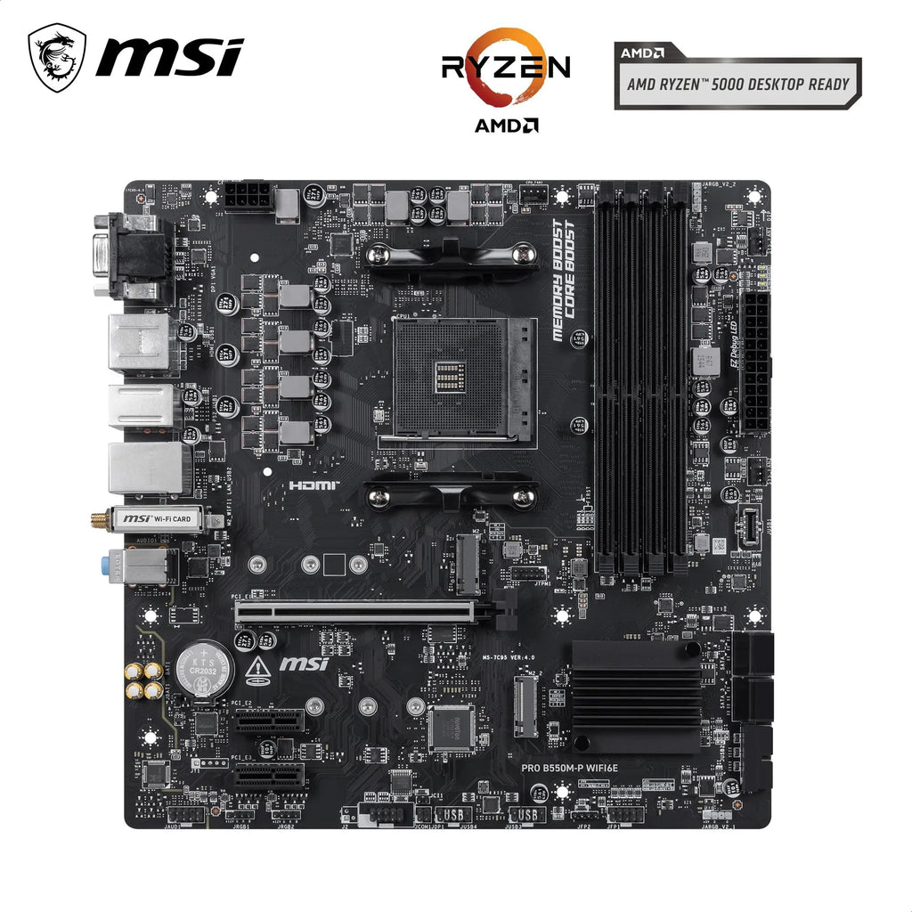 MSI PRO B550M-P WIFI6E ProSeries Motherboard (AMD Ryzen 5000 Series, AM4, DDR4, PCIe 4.0, SATA 6Gb/s, M.2, USB 3.2 Gen 2, HDMI/DP, Wi-Fi 6E, Bluetooth 5.2, mATX)