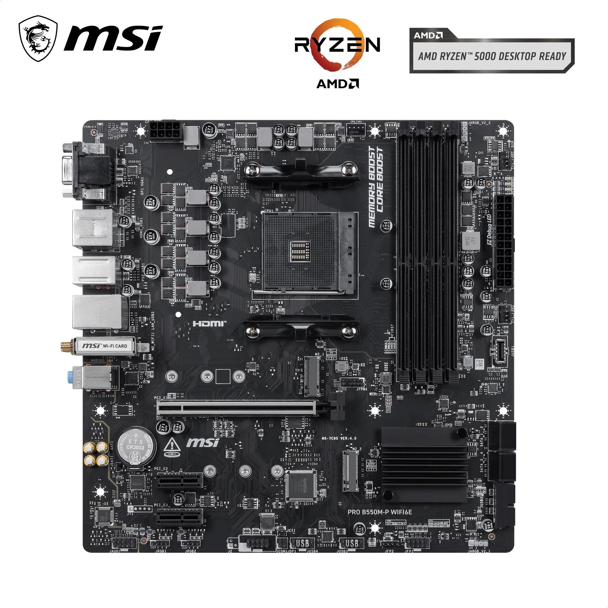 MSI PRO B550M-P WIFI6E ProSeries Motherboard (AMD Ryzen 5000 Series, AM4, DDR4, PCIe 4.0, SATA 6Gb/s, M.2, USB 3.2 Gen 2, HDMI/DP, Wi-Fi 6E, Bluetooth 5.2, mATX)