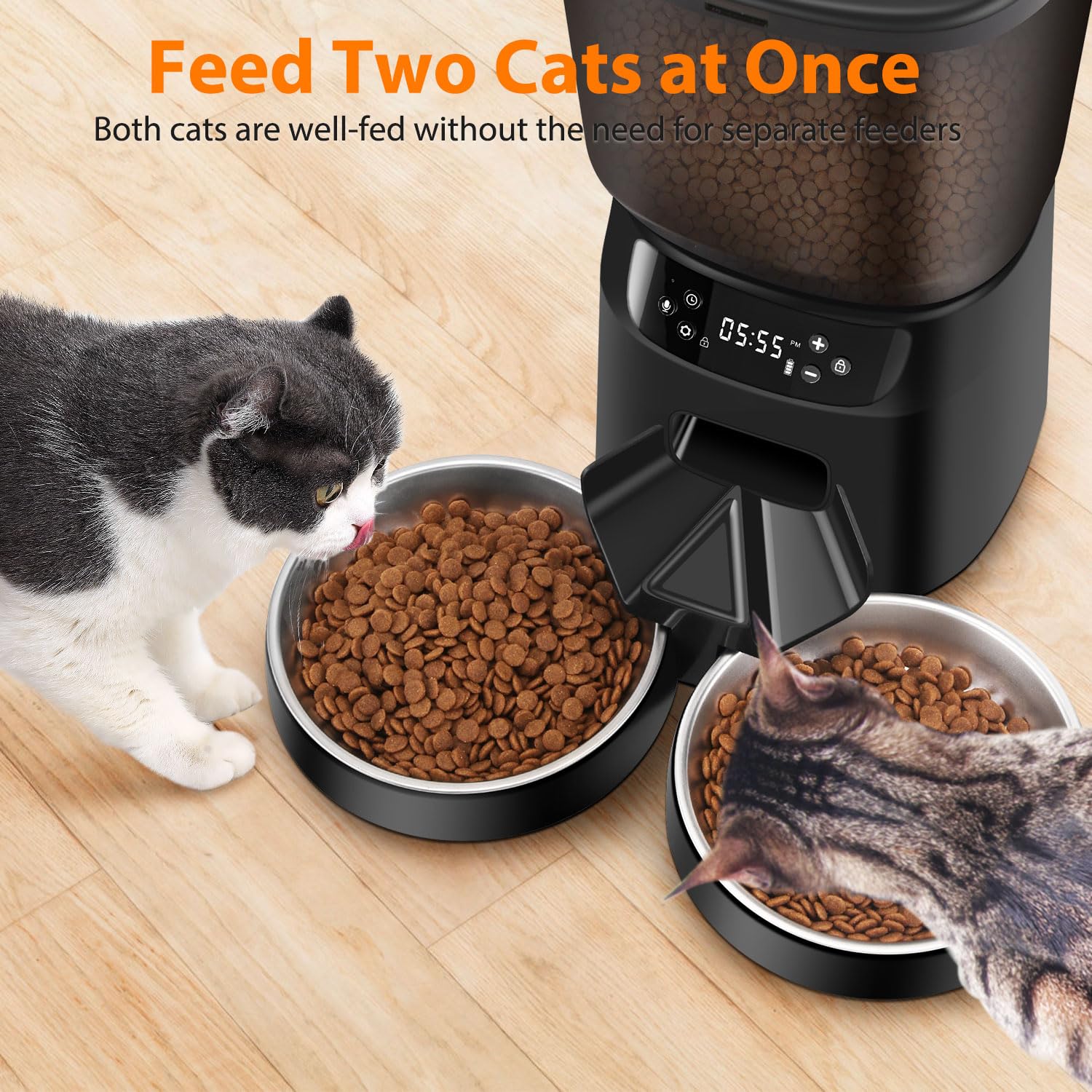 Automatic Cat Feeders for Two Cats, 5L/20 Cups Double Automatic Cat Food Dispenser with 2 Stainless Bowls, Timer Setting 20 Portions 6 Meals Per Day, 10s Meal Call (Black)