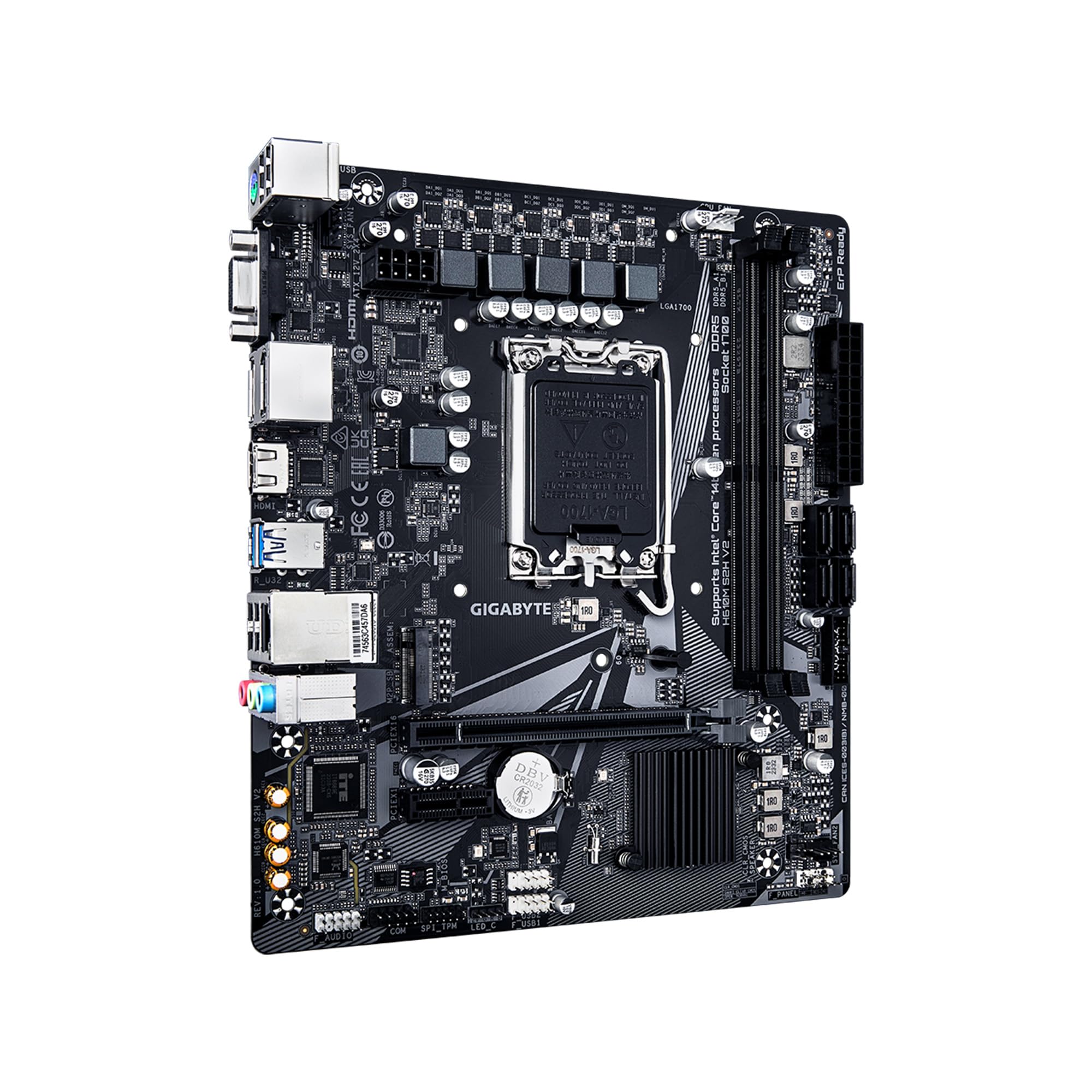 GIGABYTE H610M S2H V2 Motherboard, Supports 14th/13th/12th Gen Intel Core Processors (LGA 1700), mATX, DDR5, 1x M.2, PCIe 4.0, USB-C, HDMI, 2X DisplayPort, D-Sub, 1GbE LAN