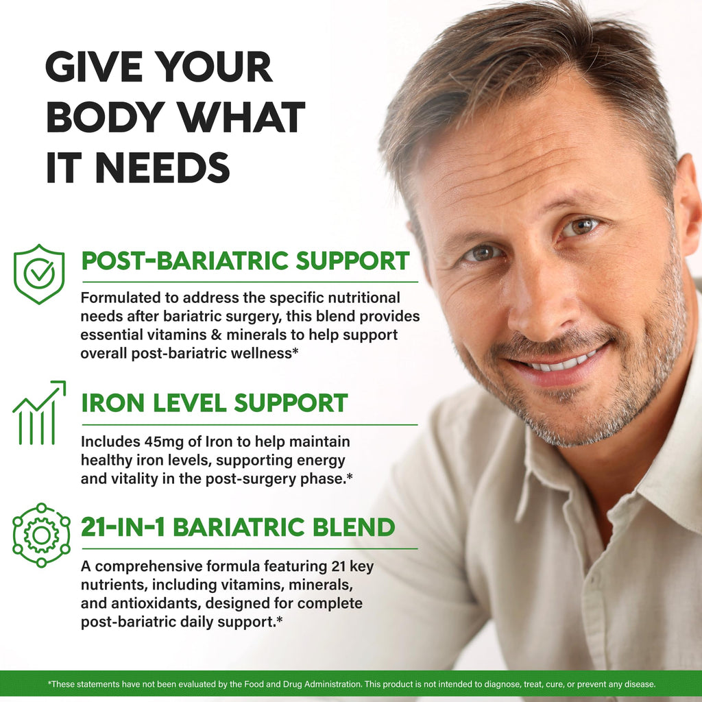Bariatric Multivitamin - 45 mg Iron Supplements - Lab Tested - for Women & Men - All-in-One, 21 Essential Vitamins - Gastric Sleeve Support - Free of Sugar, Gluten & Soy - 180 Capsules, Once Daily