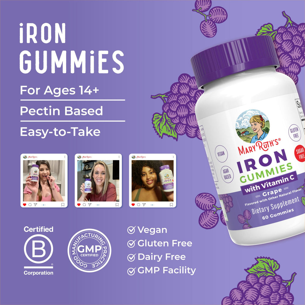 MaryRuth's Iron Gummies for 14+ with Vitamin C for Absorption | Sugar Free | Gummy Iron Supplement + VIT C | Energy Metabolism | Cellular Health | Immune Support | Vegan | Non-GMO | 60 Count