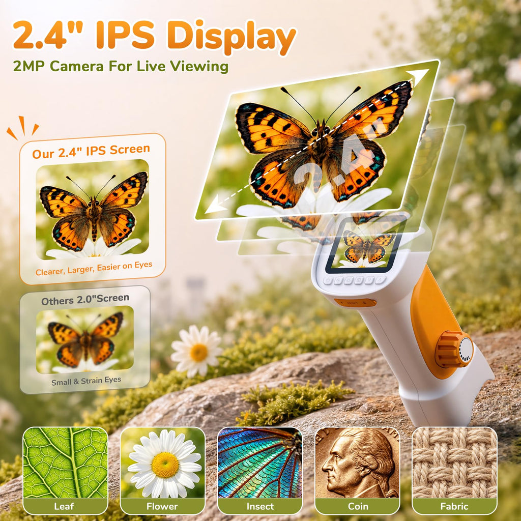 1000X Handheld Digital Microscope for Kids with 2.4" IPS Screen (Orange)