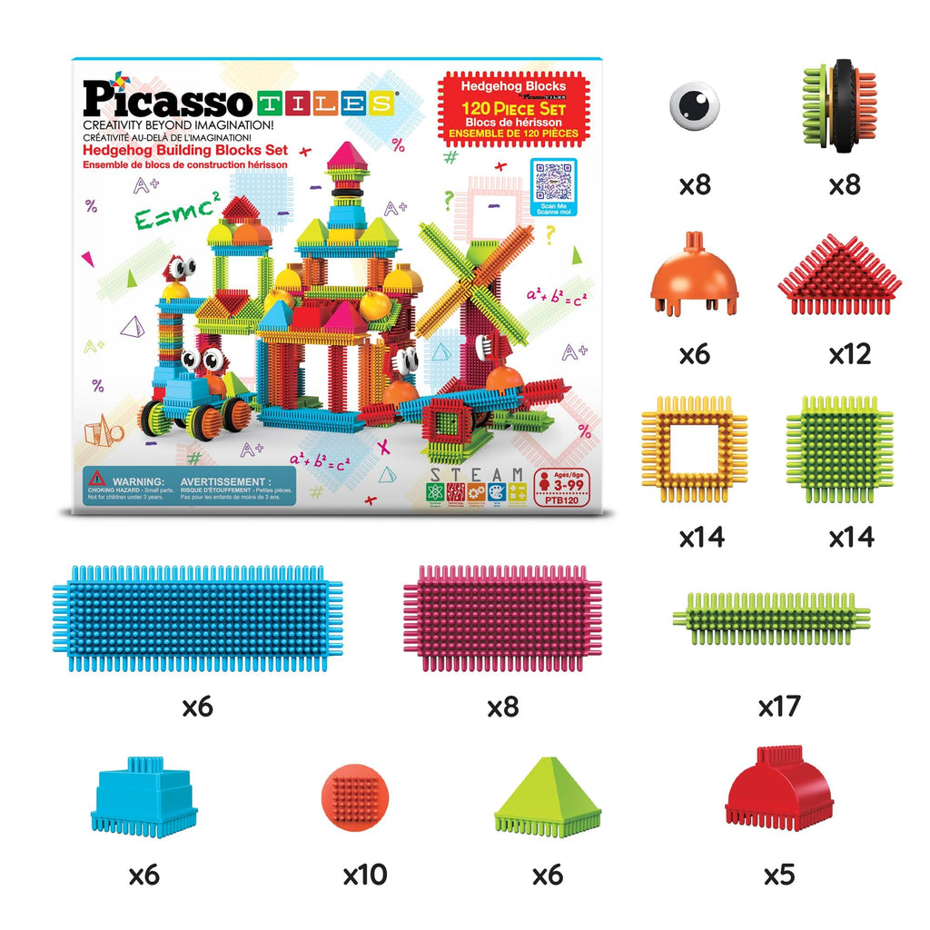 PicassoTiles 120pcs Hedgehog Interlocking Building Blocks Tiles Construction Toy Set Learning Playset STEAM Development Preschool Kindergarten Toy for Kids Age3+ PTB120